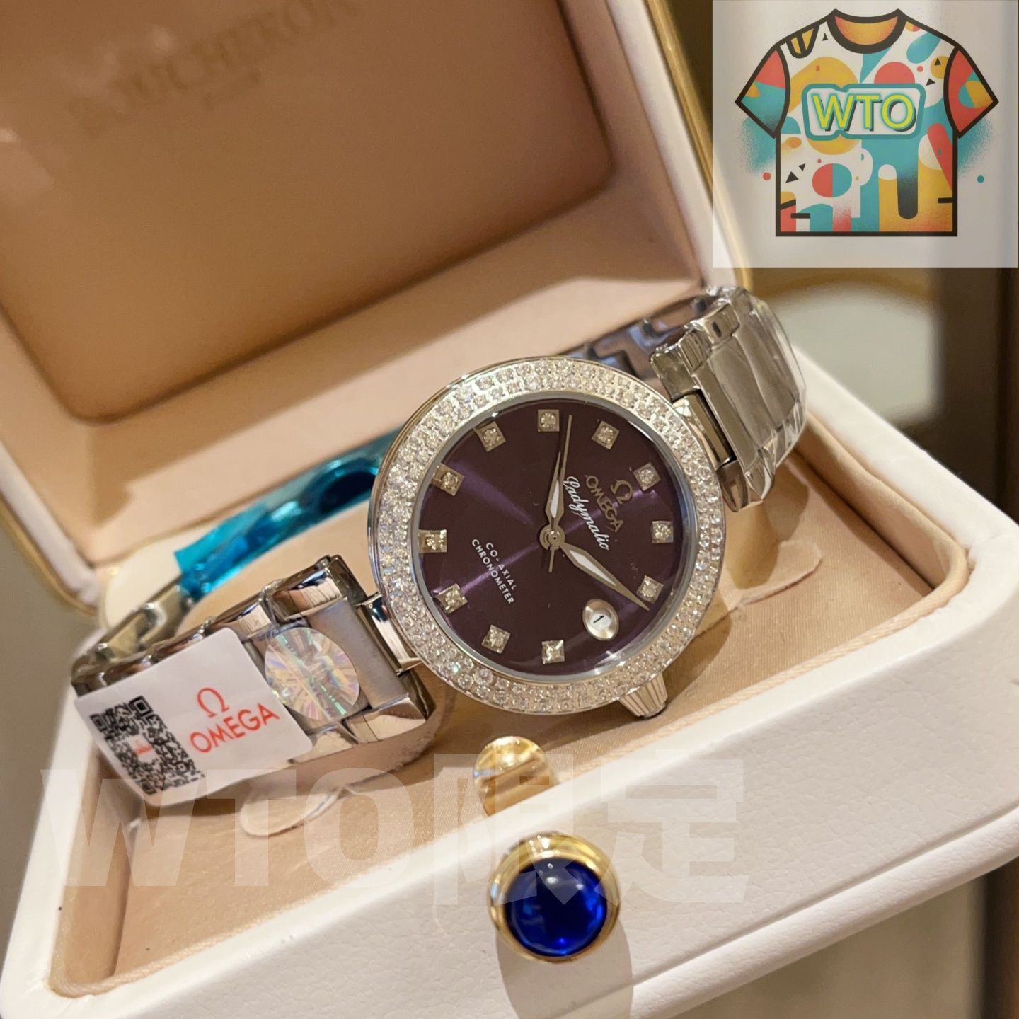  OMEGA Ladymatic マカロン 34mm ダイヤモンドインデックス ステンレスフォールディングバックル WTO店名をご ください WTO輸入 WHB54 大人向け 自動巻き時計 腕時計(アナログ)