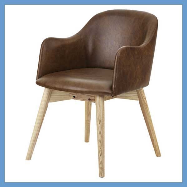 天然木 アッシュ のダイニングチェア 背もたれ 肘掛け一体型 W 50 D 55 H 73 SH 43 cm ソフトレザー座面 ナチュラル脚 No 010 ダークブラウン