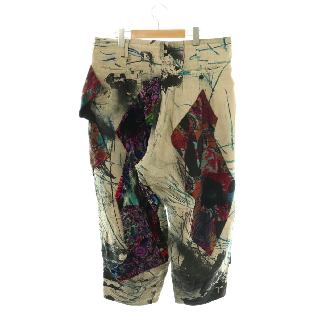 ヨウジヤマモトプールオム YOHJI YAMAMOTO POUR HOMME パッチワークパンツ テーパード 総柄 リネン シルク混 2 ベージュ マルチ HZ-P70-323 CX OS