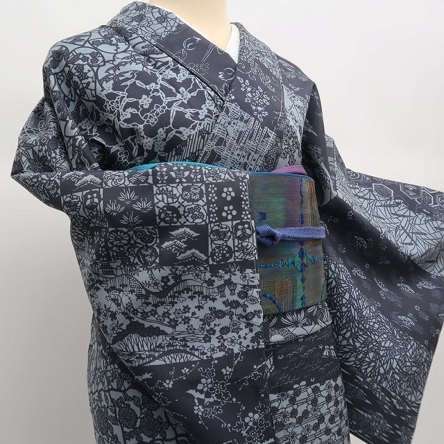  ✾まめ藤✾ｍ2363 正絹 仕付け糸付き 川村久太郎落款 Sサイズ 手縫い仕立て 松竹梅 桜 蝶 亀 染大島紬 紬 着物