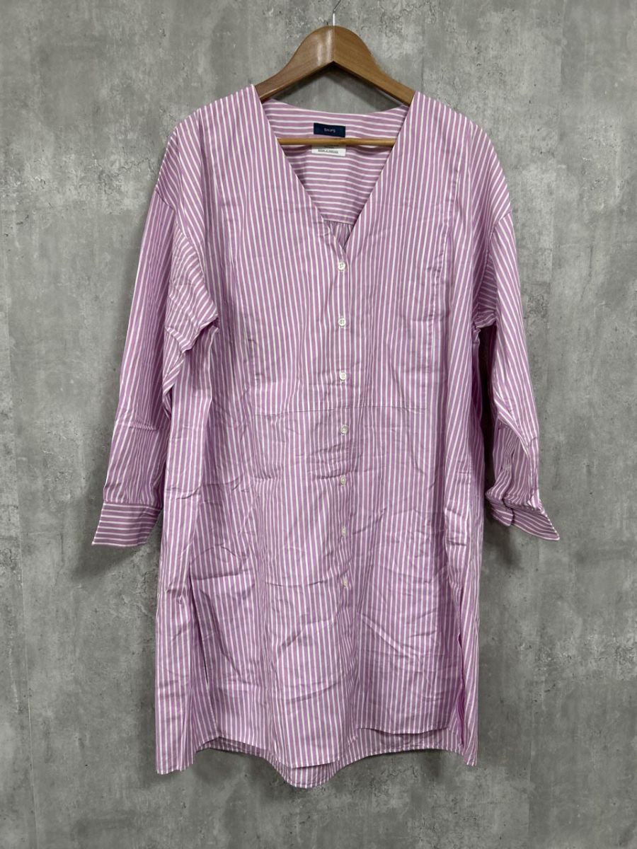 SHIPS シップス ストライプ SOMELOS スキッパー ネル シャツ sizeF ピンク レディース