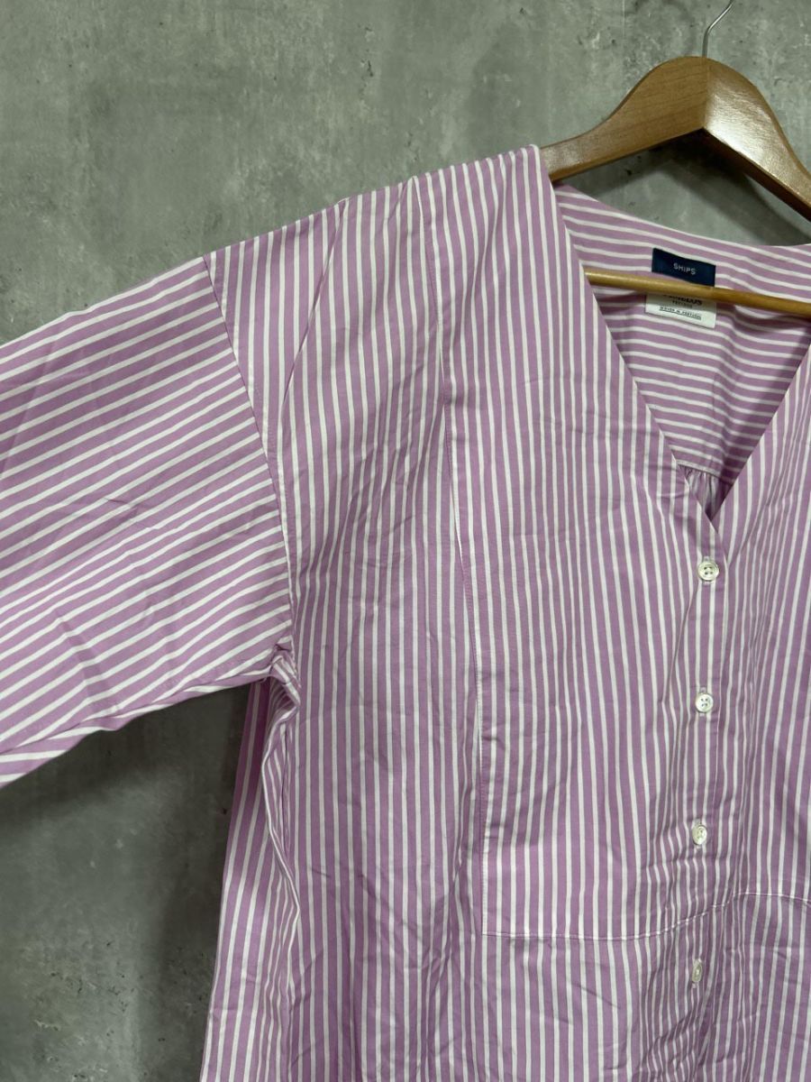 SHIPS シップス ストライプ SOMELOS スキッパー ネル シャツ sizeF ピンク レディース