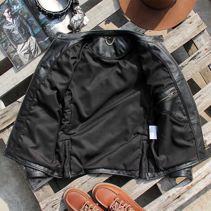 h 美式ヴィンテージ アメカジ 本革レザージャケット メンズ 春秋用 油蝋頭層牛革 J100モーターサイクルジャケット 立ち襟&修身デザイン 真皮アウター