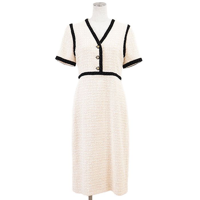 GUCCI グッチ ツイードワンピース 2018年製 インターロッキング GG ロゴ ボタン バイ トリム ショートスリーブ 半袖 ドレス 属 レディース サイズ 42 アイボリー ブラック 黒 イタリア製