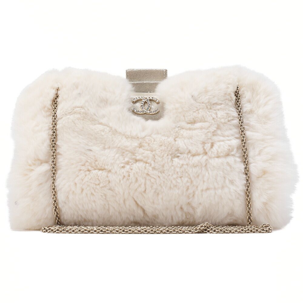 CHANEL シャネル ショルダーバッグ ファー ココマーク ラインストン がま口 白 ゴールド金具 レディース