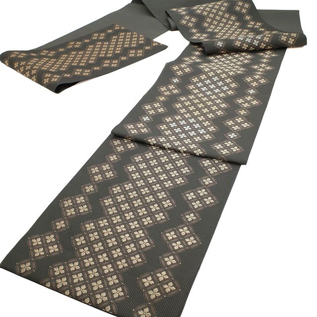 袋帯 正絹 京都 西陣 じゅらく 織乃小路 金銀糸 黒グレー地 こげ茶 縞 七宝 上 セミフォーマル カジュア 春 秋 冬 仕立て上がり みやがわ sb 54732