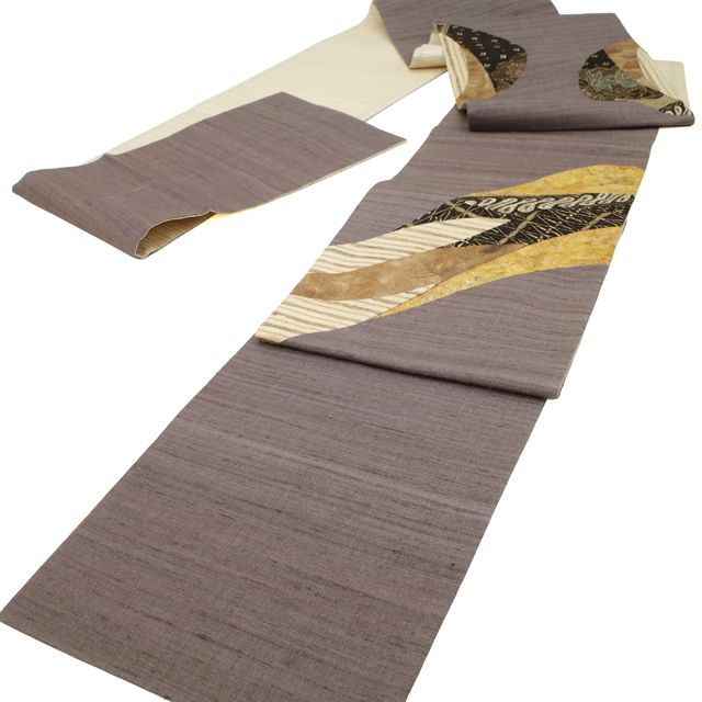 袋帯 リサイクル 野蚕糸工房 野蚕糸 正絹 灰紫 切りばめ バティック 和紙 上 野蚕糸つむぎ カジュアル タッサーシルク 春 秋 冬 仕立て上がり品 みやがわ sb 54733