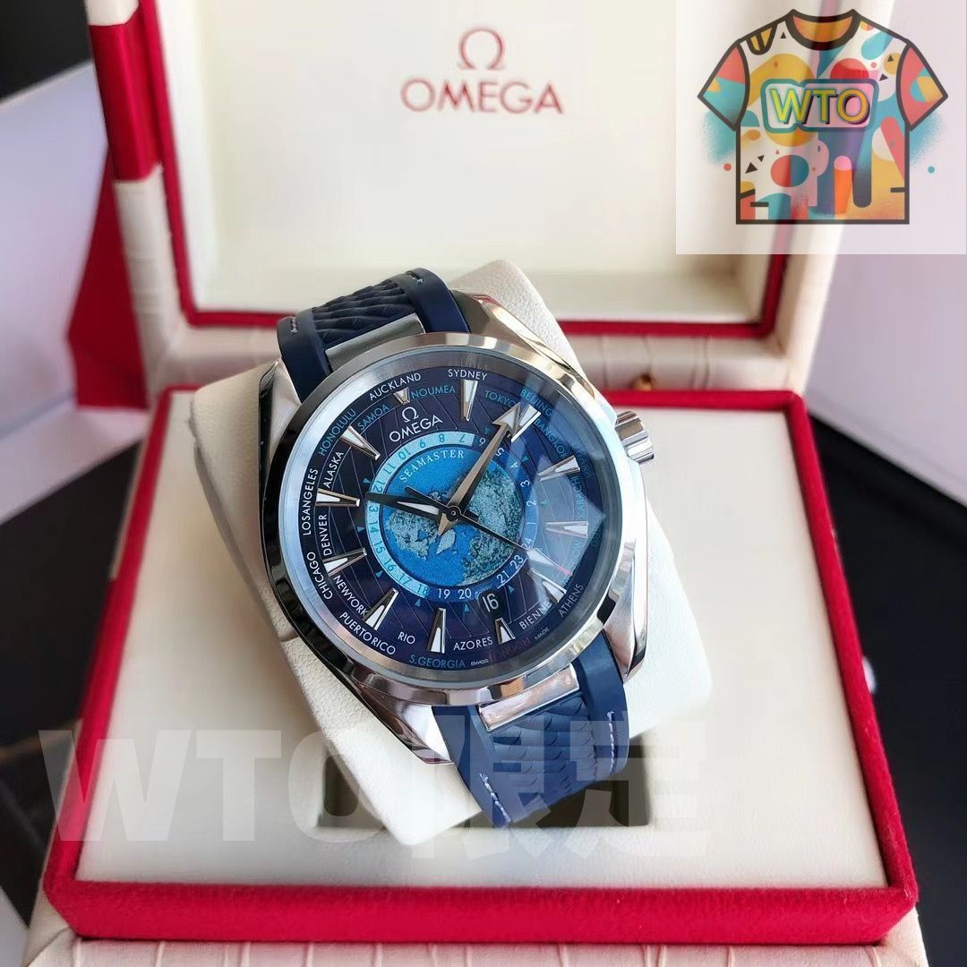 ご 大 です オメガ シーマスター アクアテラ GMT ワールドタイマー マスタークロノメーター ブルー RO 54 自動巻き WTO通販 WTO輸入 JBW 27