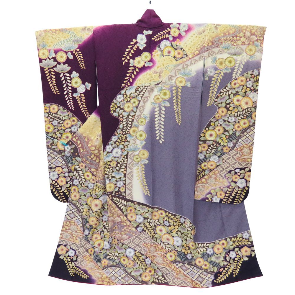 振袖 正絹 金銀糸除く パープル グレー 成人式 辻が花 和装 呉服 和服 きもの レディース 女性