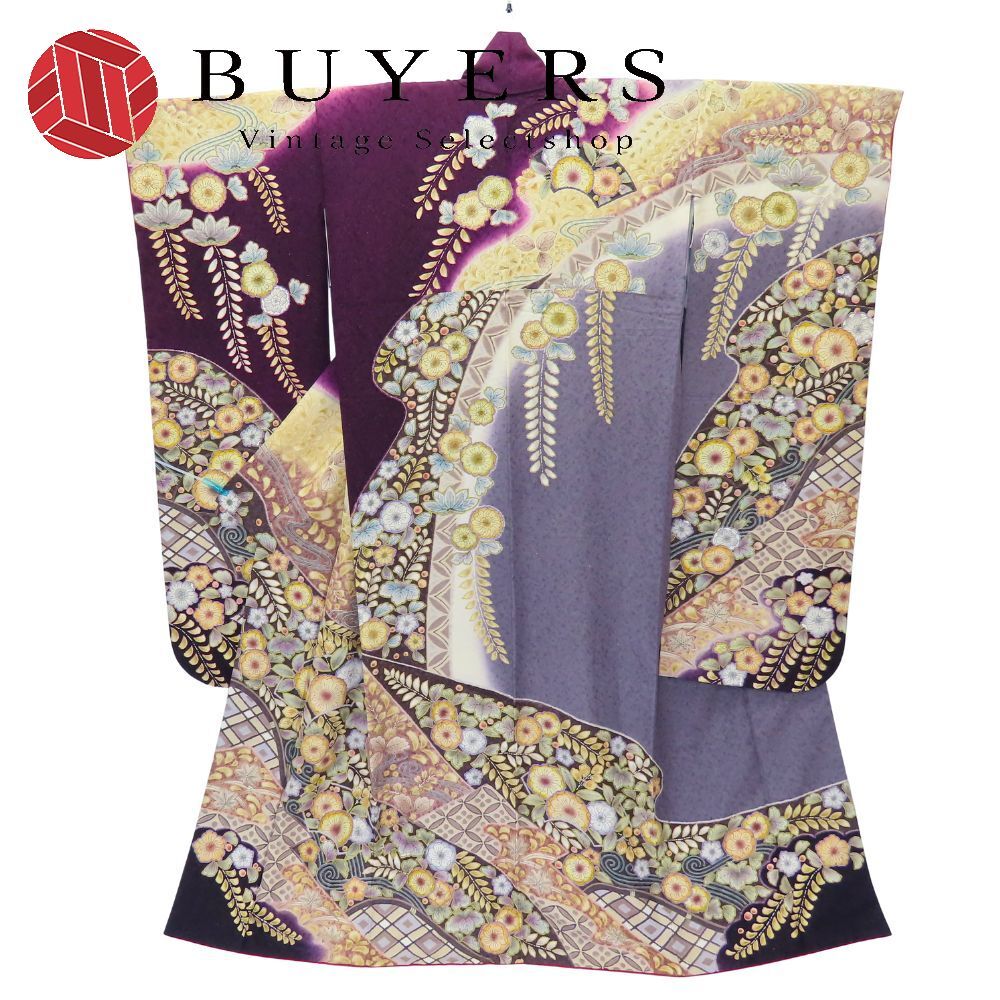 振袖 正絹 金銀糸除く パープル グレー 成人式 辻が花 和装 呉服 和服 きもの レディース 女性