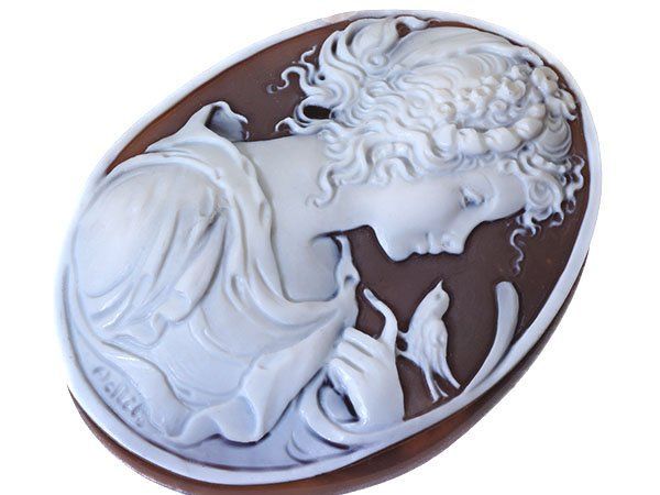 ジュエリー マリアーノ アキート作 な貴婦人と小鳥の彫刻 シェルカメオルース 59.6mm×45mm w5901m