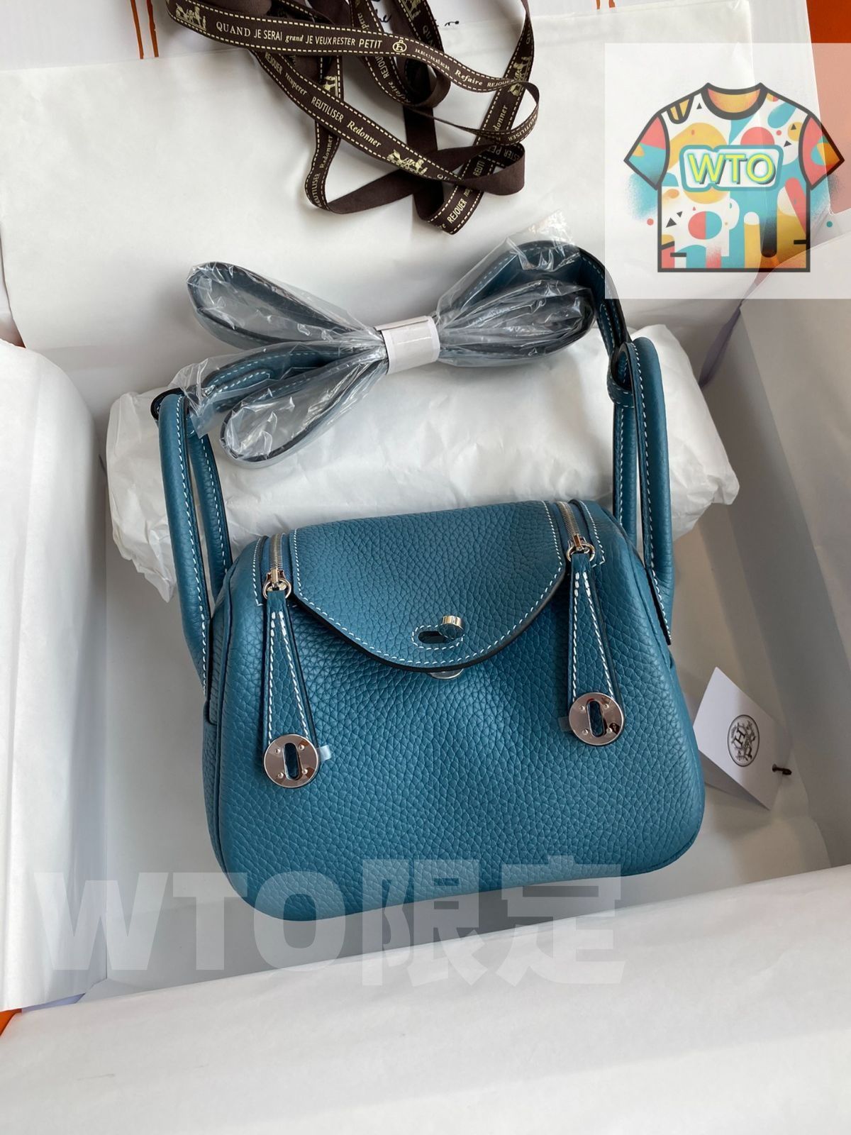 エルメス mini lindy デニム ブルー シルバー バックル レディース クロスボディ バッグ| |