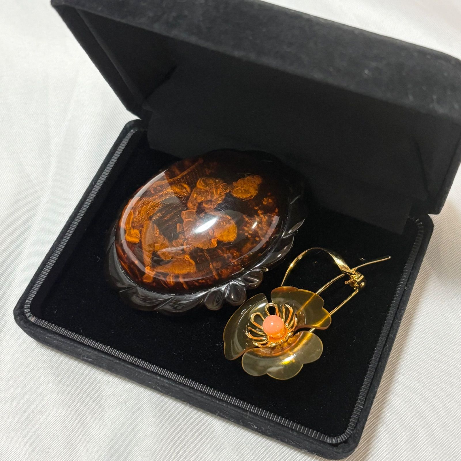琥珀風 お花 ブローチ 2点セット アンティーク 鼈甲 品 き