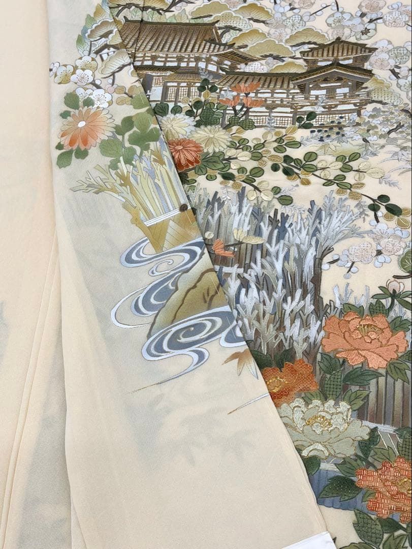 蘇州刺繍 手刺繍 尾峨佐染繡 仮絵羽 未仕立て品 正絹 八掛付き B010