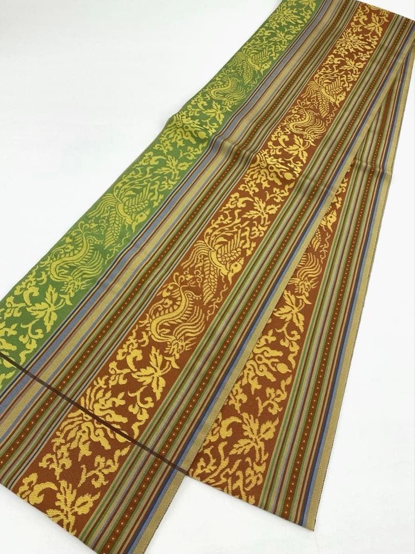 桝屋高尾 落款入 名物手 渡来相良間道 袋帯 鳳凰 龍 正絹 六通 D132