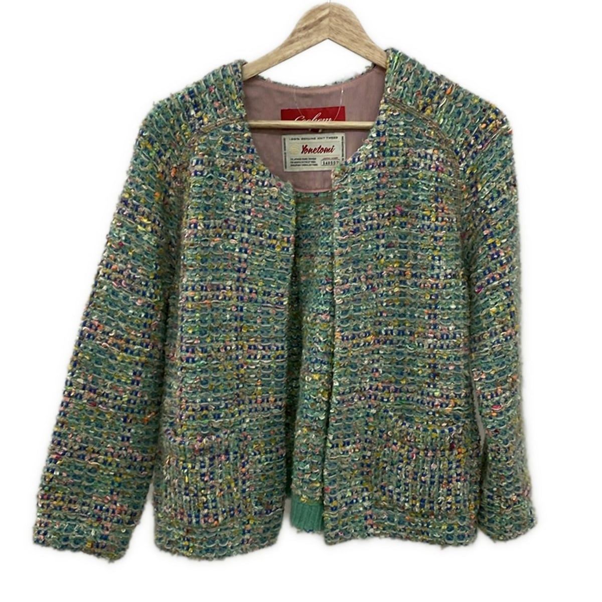 Coohem コーヘン ブルゾン サイズ38 M レディース ライトグリーン ブルー マルチ 長袖 ツイード 秋 冬