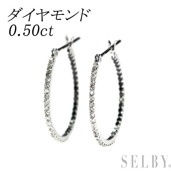 K18WG レス ブラック ダイヤモンド フープ ピアス 0.50ct