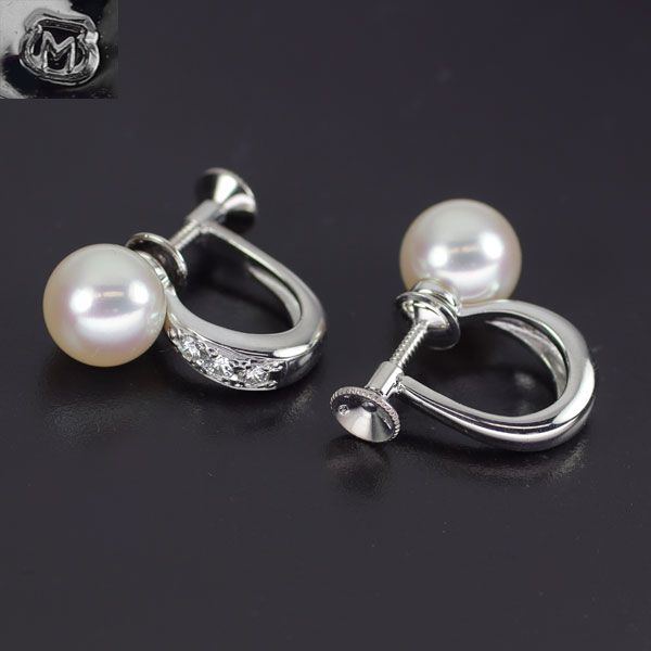 ミキモト K 18 WG アコヤ真珠 ダイヤモンド イヤリング 径約8.0 mm