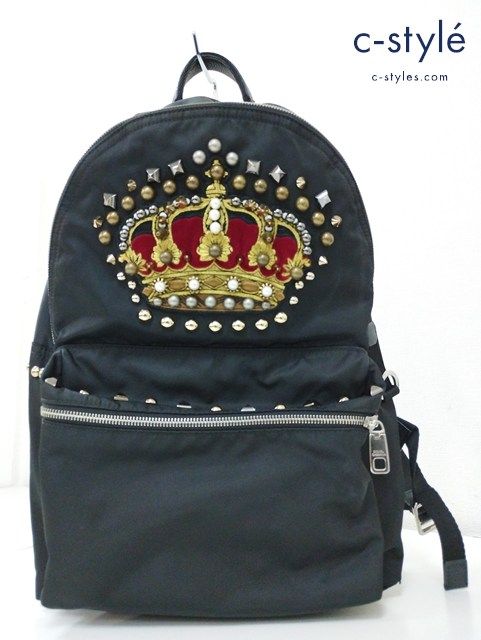 A494 人気 DOLCE-GABBANA ドルチェ-ガッバーナ バックパック ブラック スタッズ クラウン ナイロン リュック K