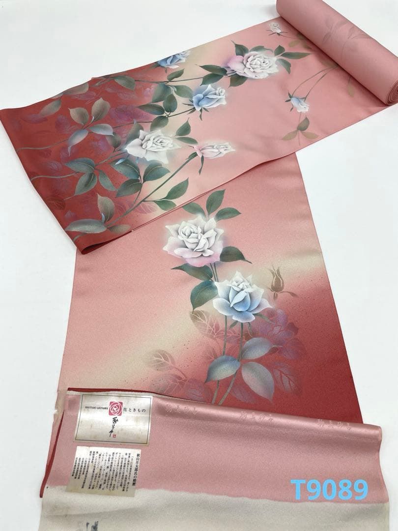 付け下げ 秋山庄太郎 金彩 薔薇 正絹 反物 T 9089