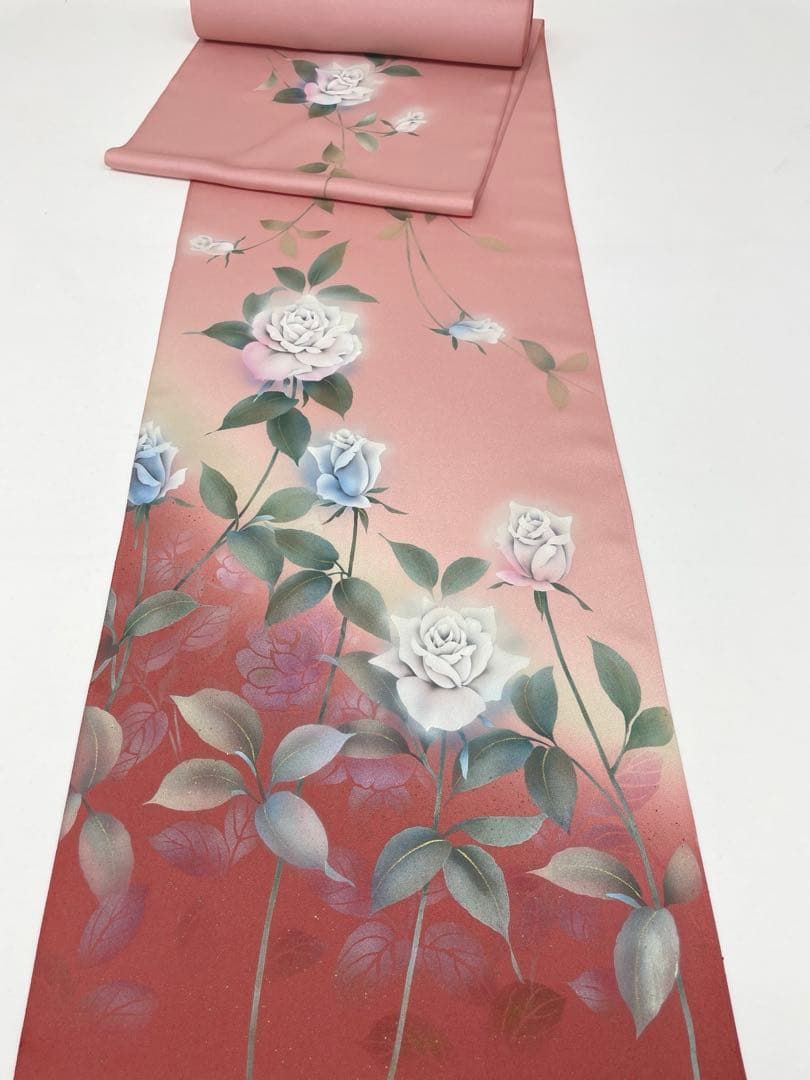 付け下げ 秋山庄太郎 金彩 薔薇 正絹 反物 T 9089