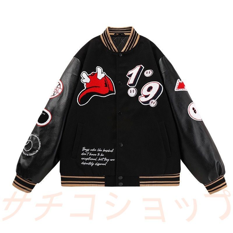 ベースボールジャケット メンズ レディース ウール ワッペン刺繍 厚手 秋冬 ペアルック アメカジ オーバーサイズ ブラック