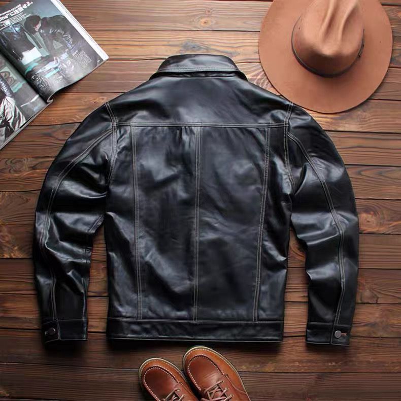 h 美式シンプル ビジネス風 本革レザージャケット メンズ 軽量頭層山羊革 翻领カジュアル 牛仔風 秋冬