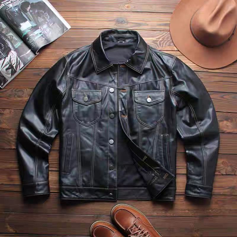 h 美式シンプル ビジネス風 本革レザージャケット メンズ 軽量頭層山羊革 翻领カジュアル 牛仔風 秋冬