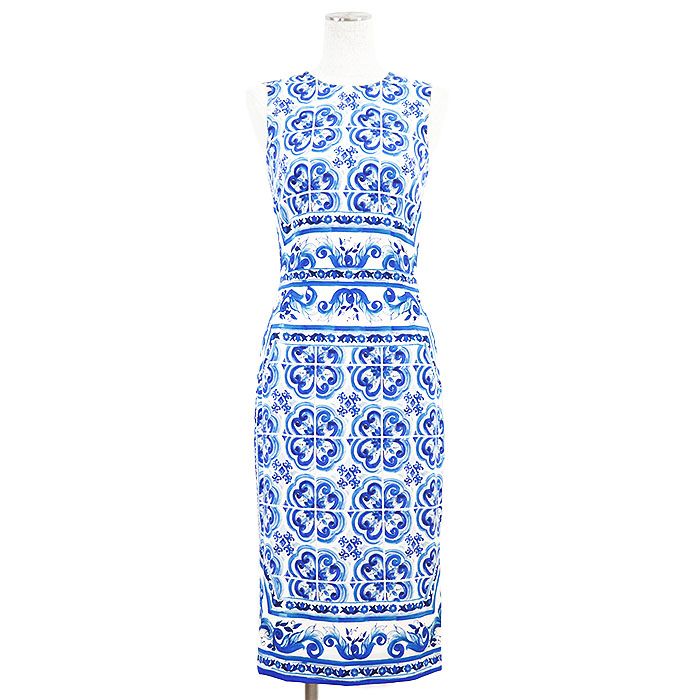 DOLCE-GABBANA ドルチェアンドガッバーナ ワンピース マヨルカ シチリア 総柄 ノースリーブ シルク × ストレッチ ドレス レディース サイズ 38 ブルー ホワイト 青 白 イタリア製