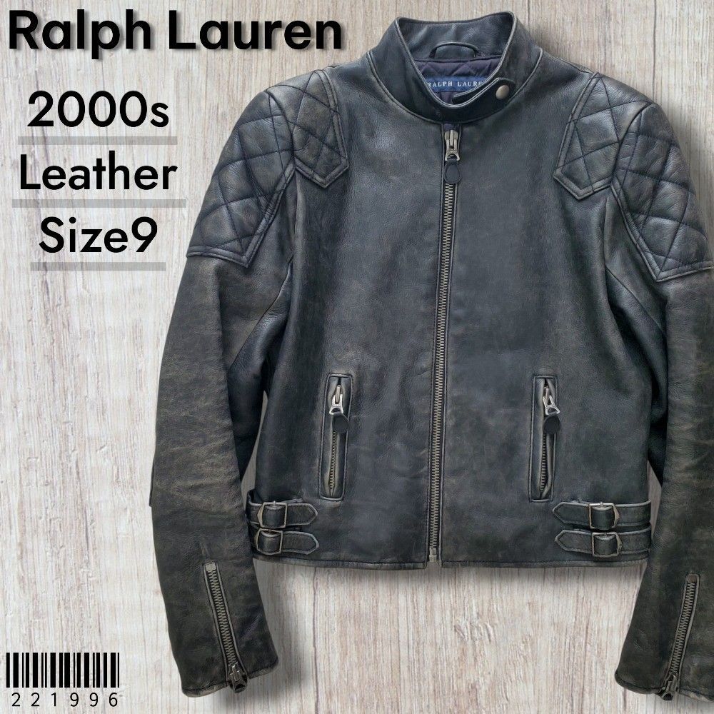Ralph Lauren ラルフローレン 2000s 牛革 エイジング加工 パテント 中綿入り シングルライダースジャケット 9 黒 数量 品 レザー 本革 定価158000