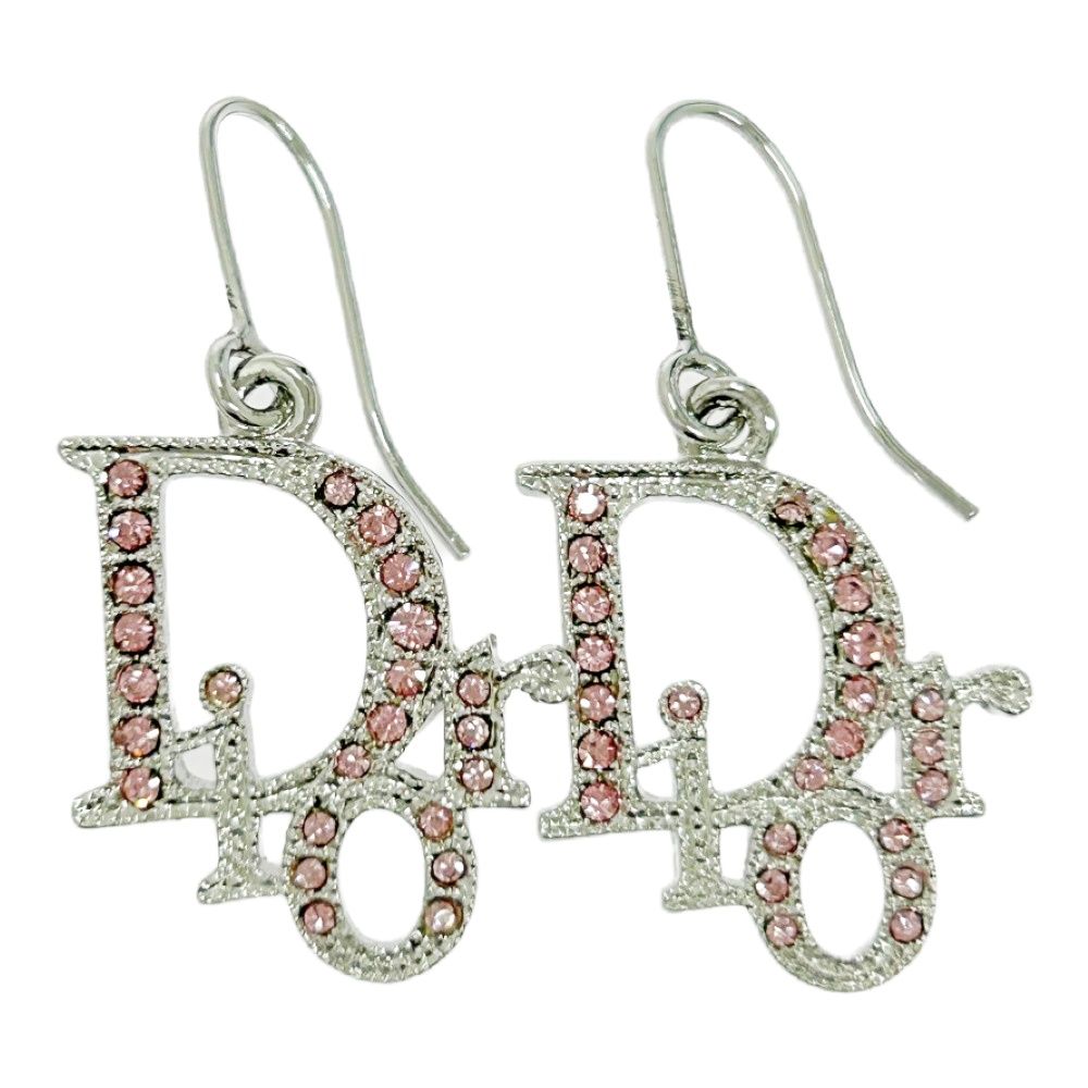 保存袋付き Christian Dior クリスチャンディオール メタル ラインストーン Diorロゴ スイング ピアス シルバー ピンク 504844 ピアス