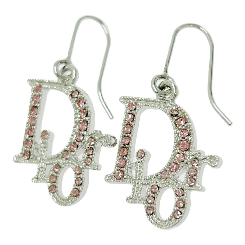 保存袋付き Christian Dior クリスチャンディオール メタル ラインストーン Diorロゴ スイング ピアス シルバー ピンク 504844