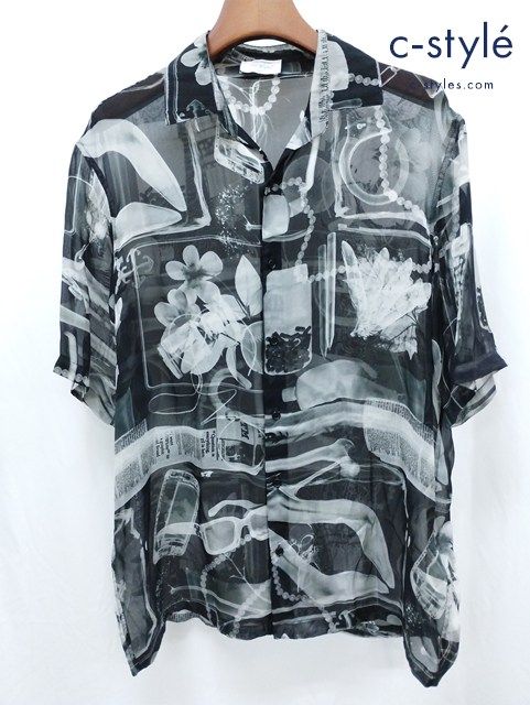 A506 人気 OFF-WHITE オフホワイト プリントシルクシャツ S ブラック系 半袖 イタリア製 シルク コットン 100 K