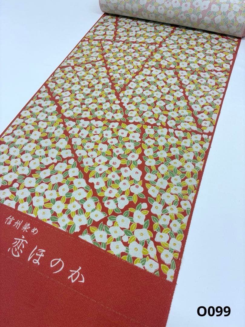 小紋 信州染め 恋ほのか ちりめん 全体柄 椿 反物 正絹 O 099