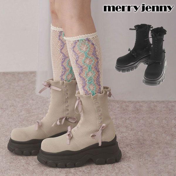 10 OFF メリージェニー merry jenny 鞄 ribbon ribbonニットブーツ ブーツ 厚底 リボン