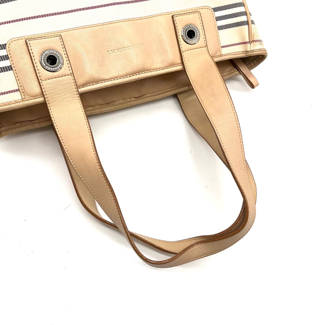 BURBERRYバーバリーベージュ系ボーダー柄キャンバスレザートートバッグ 良品】 BURBERRY バーバリー ハンドバッグ トートバッグ ノバチェック