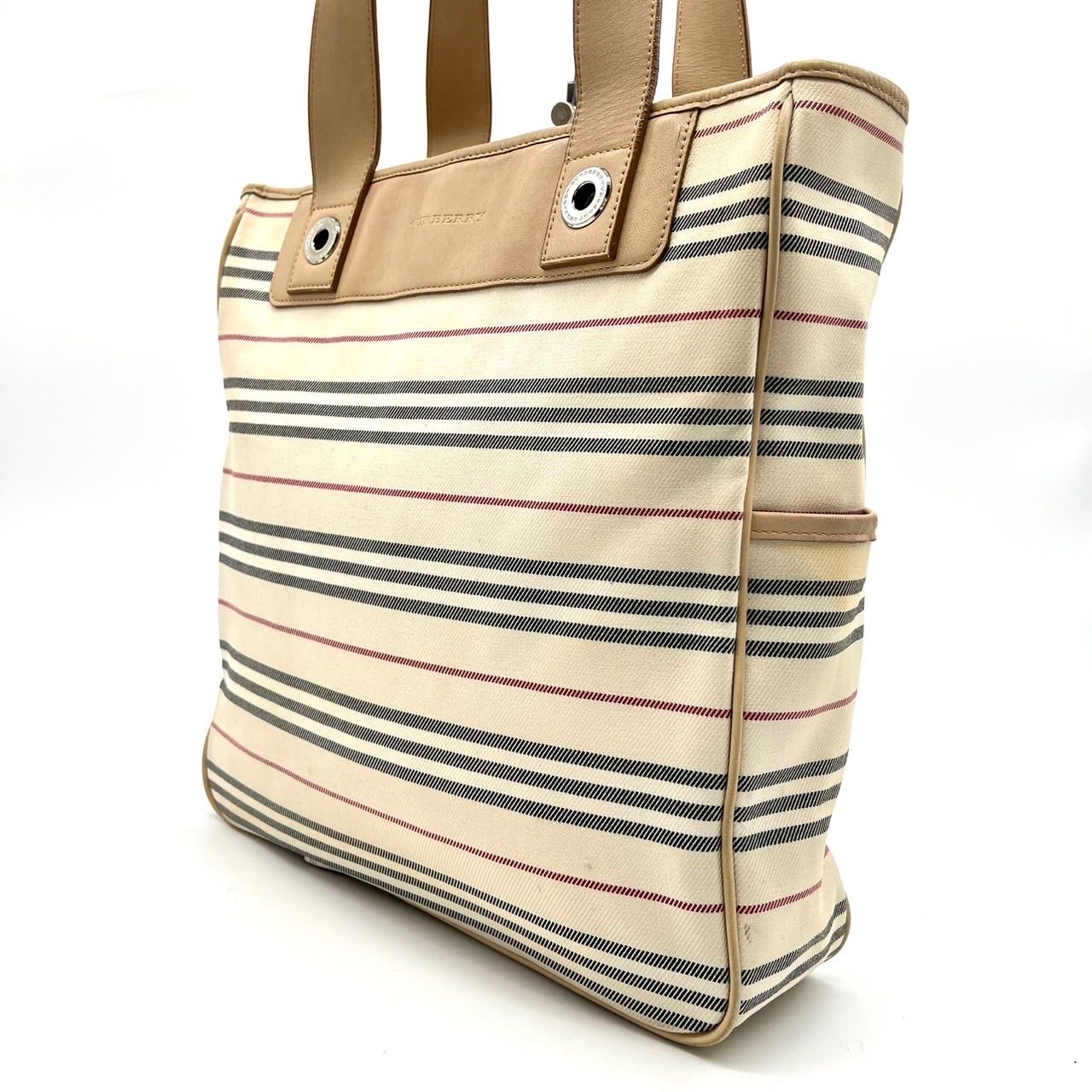 BURBERRYバーバリーベージュ系ボーダー柄キャンバスレザートートバッグ 良品】 BURBERRY バーバリー ハンドバッグ トートバッグ ノバチェック