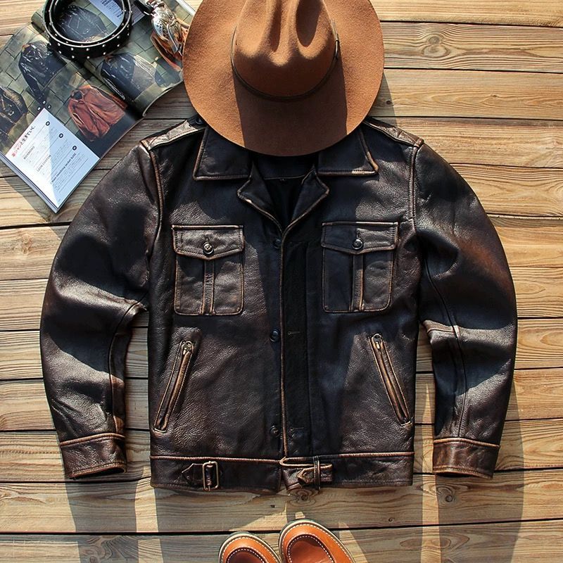 h 美式ヴィンテージ メンズ 本革レザージャケット P37 ショート丈 黄牛革 ヴィンテージ加工 感 秋冬