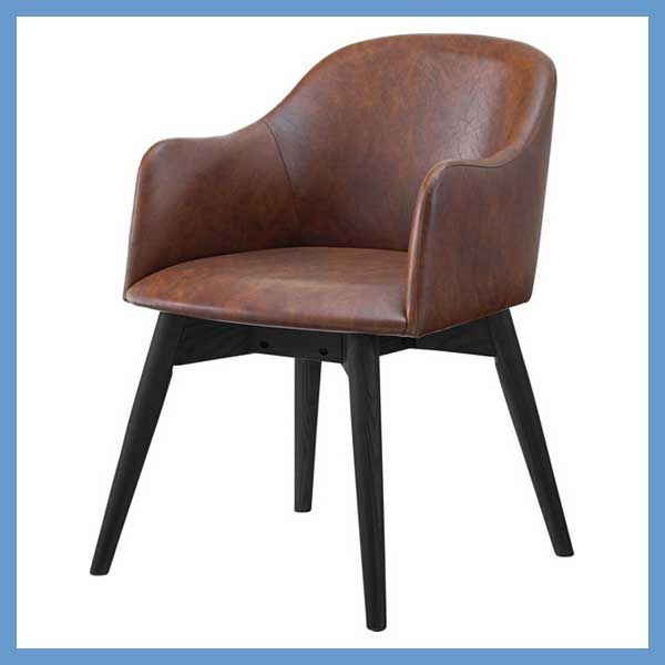 天然木 アッシュ のダイニングチェア 背もたれ 肘掛け一体型 W 50 D 55 H 73 SH 43 cm ソフトレザー座面 ブラック脚 No 011 ダークブラウン