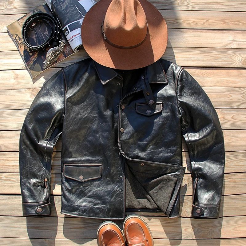 h 美式ヴィンテージ メンズ 本革レザージャケット 茶芯カウハイド 鉄道工装風 司闸員タイプ 翻領 感 秋冬