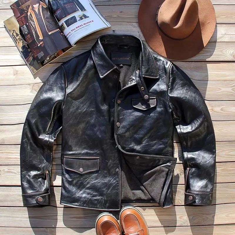 h 美式ヴィンテージ メンズ 本革レザージャケット 茶芯カウハイド 鉄道工装風 司闸員タイプ 翻領 感 秋冬