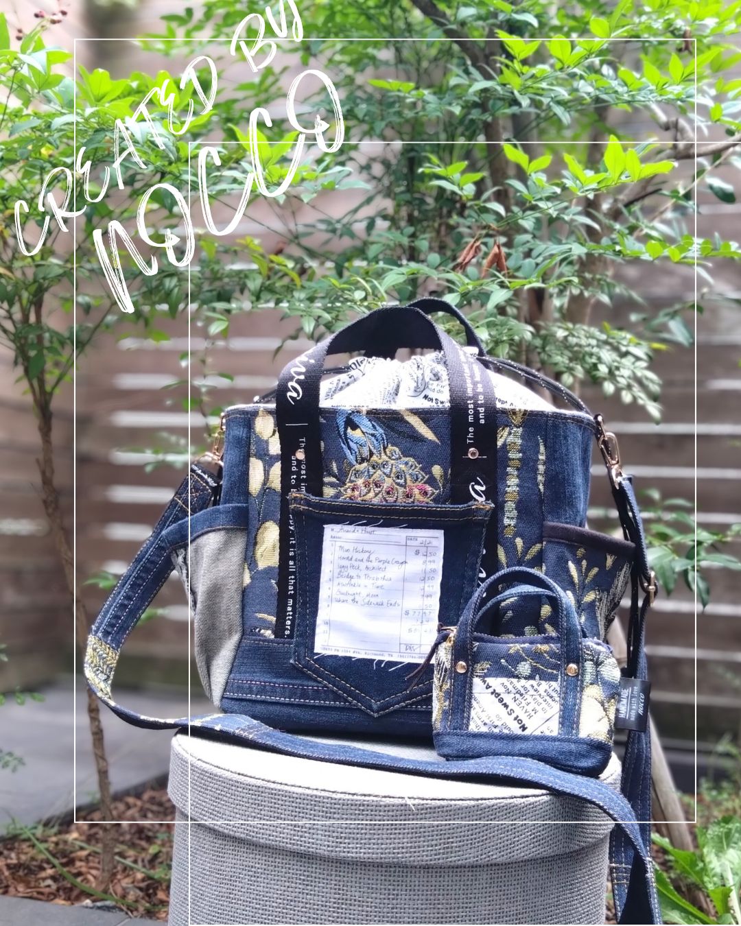 №795 DENIM ジャガード巾着ToteBAG⚮̈ デニムリメイクトートバッグ お揃いポーチ ショルダー紐も有ります☺️