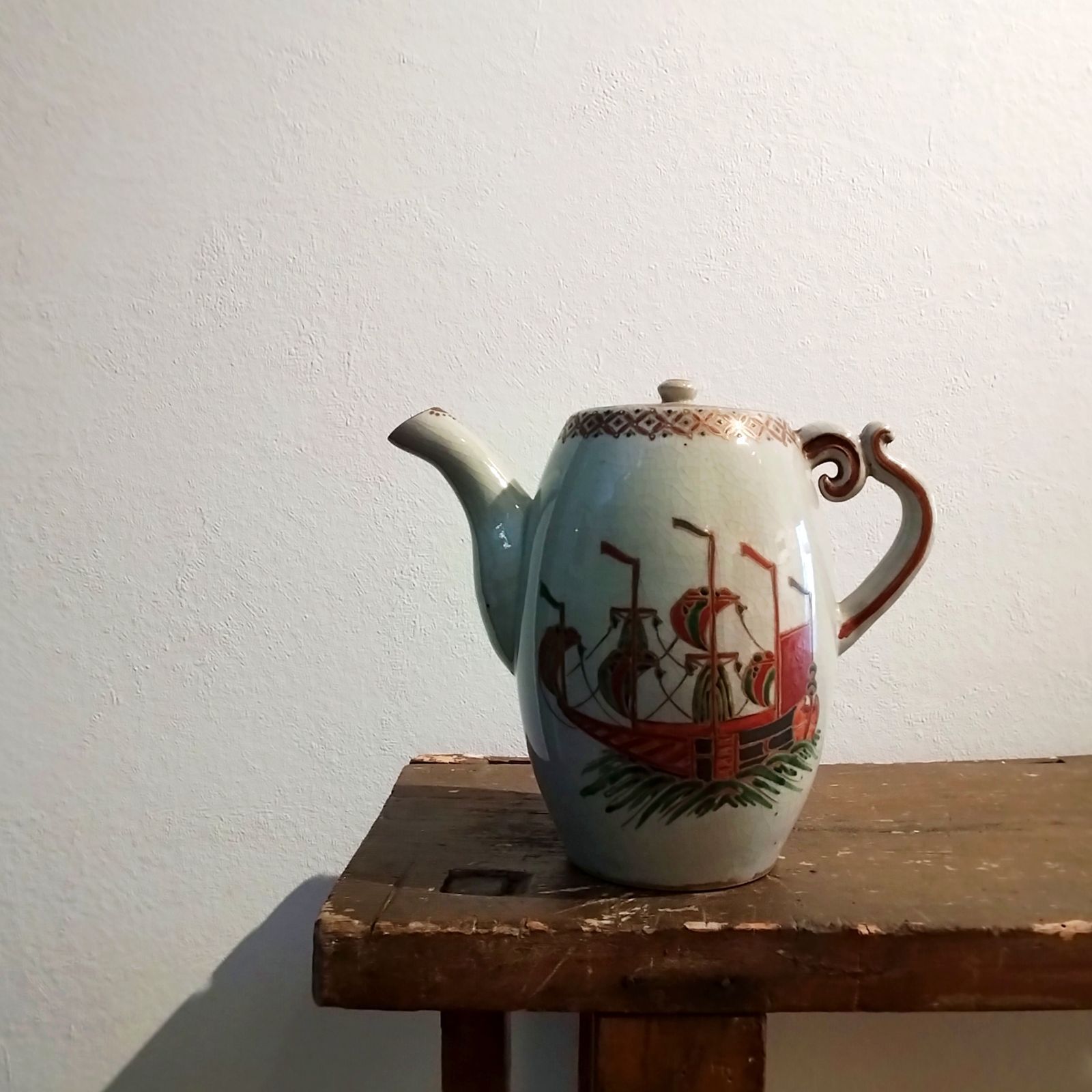 仁清写　南蛮船文水注　水差し　色絵　磁器　京焼　アンティーク　ヴィンテージ　骨董 仁清写 南蛮船文水注 水差し 色絵 磁器 京焼 アンティーク