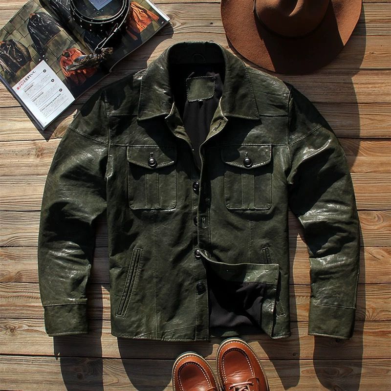 h 美式ヴィンテージ メンズ 本革レザージャケット 水洗い加工 ヘビーシープレザー 衿付きシャツデザイン 秋冬