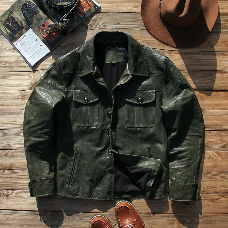 h 美式ヴィンテージ メンズ 本革レザージャケット 水洗い加工 ヘビーシープレザー 衿付きシャツデザイン 秋冬