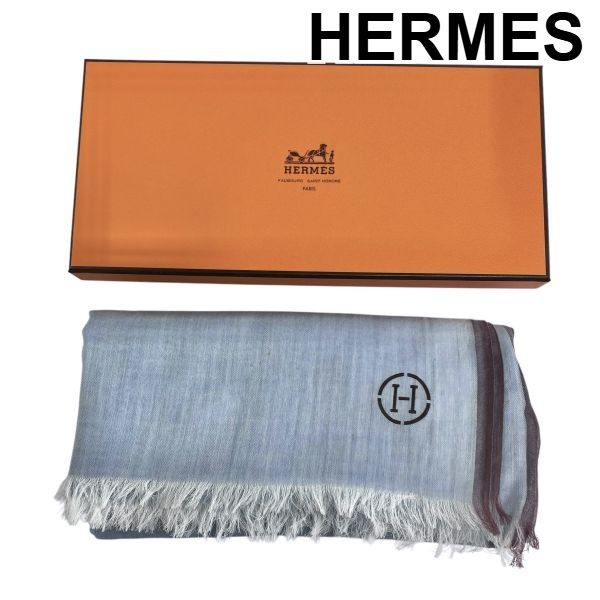 エルメス HERMES ナオシマ NAOSHIMA ストール ショール 大判 Hロゴ 直島 ブルー系 コットン100％ レディース 5E285