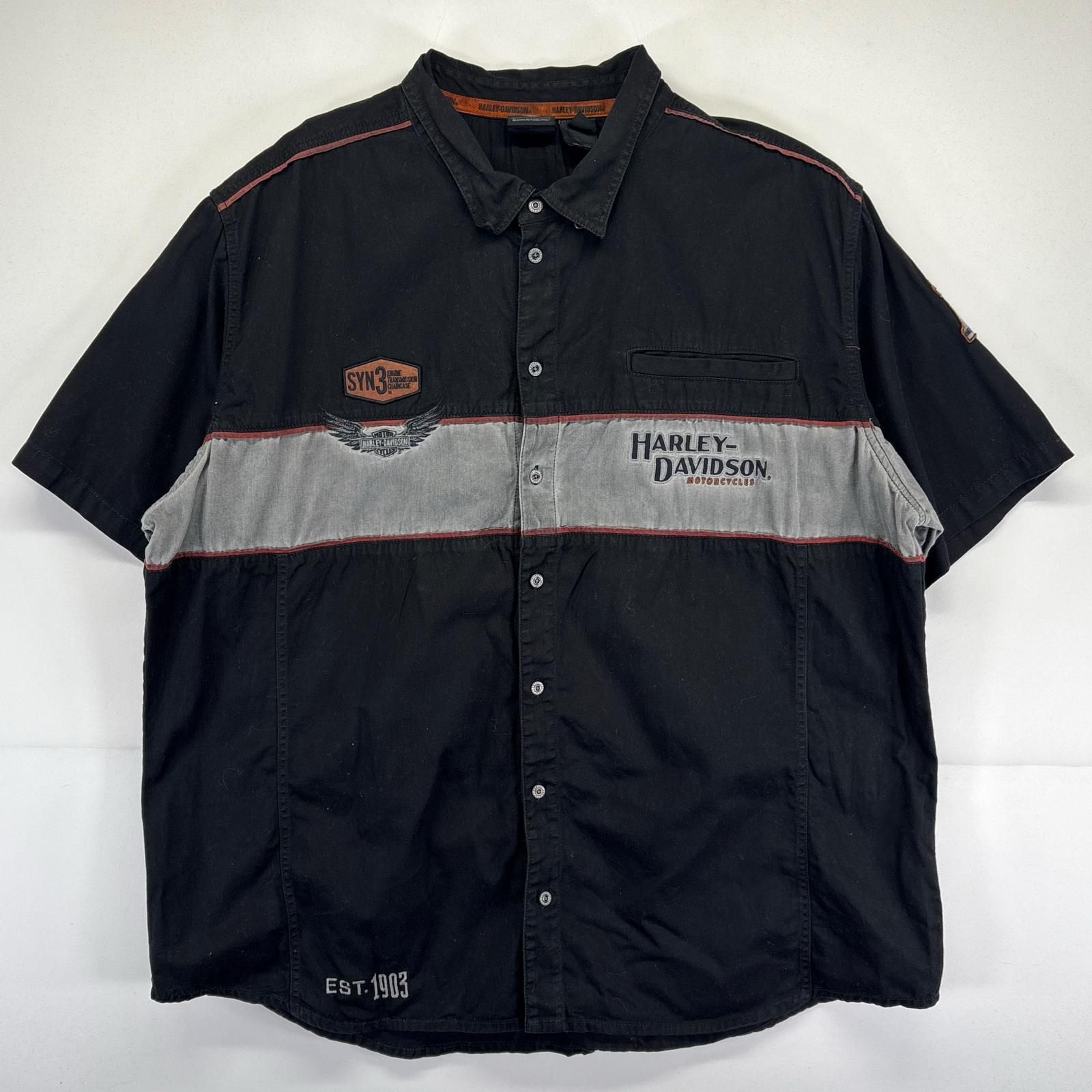 古着 ハーレーダビッドソン HARLEY DAVIDSON 半袖シャツ レーシングシャツ ワッペン 大きいサイズ バックデザイン 4XL ブラック メンズ