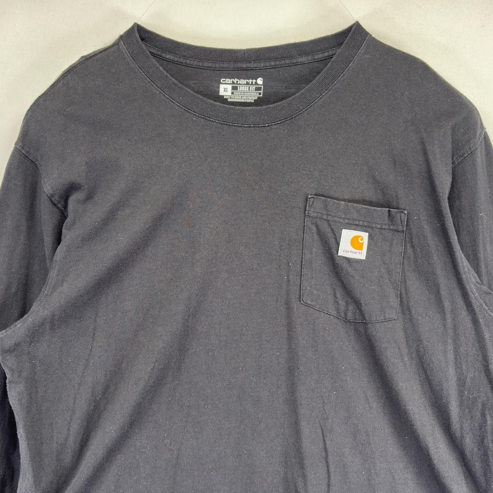 古着 カーハート Carhartt 長袖Tシャツ クルーネック ワンポイントロゴ 大きいサイズ ワーク ポケット XL  ブラック メンズ