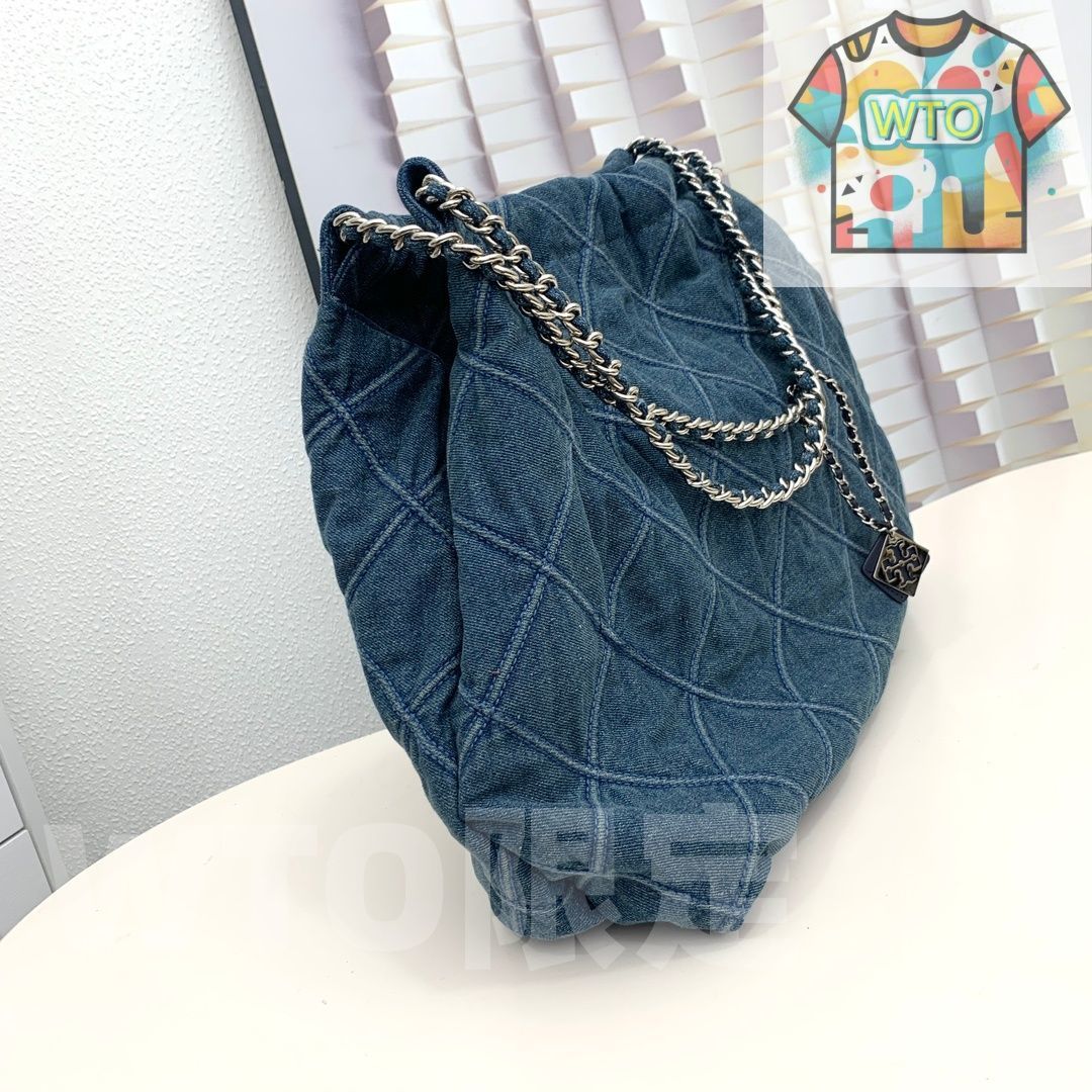 今日 Tory Burch 2025 新モデル Fleming デニムブルー生地の菱格子チェーンショッピングバッグ 大サイズ -WTO輸入1