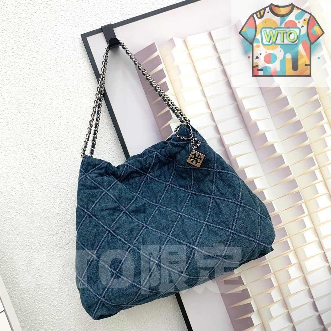  今日 Tory Burch 2025 新モデル Fleming デニムブルー生地の菱格子チェーンショッピングバッグ 大サイズ -WTO輸入1 ショルダーバッグ バッグ